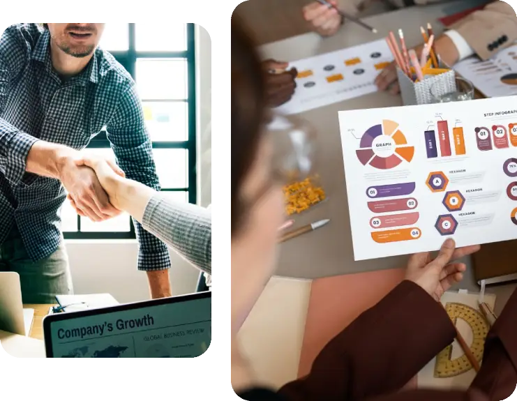A handshake between two people in a bright office setting; a document with colorful graphs is displayed on the table